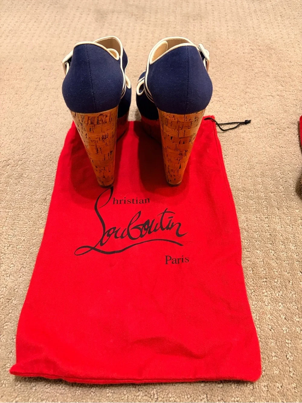 Christian Louboutin Cork Wedge Espadrille Heels – Navy/White